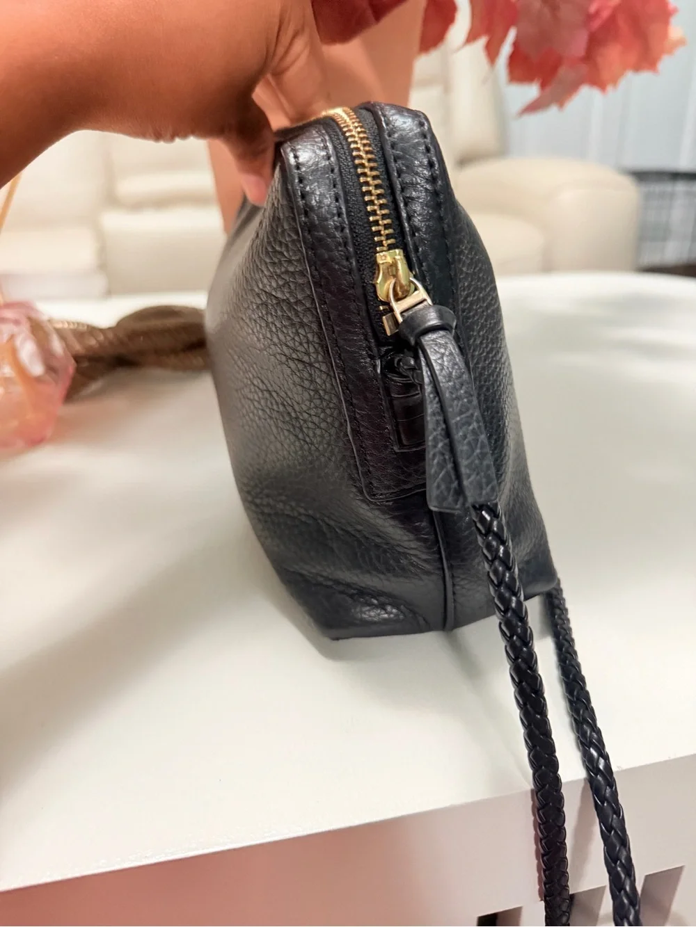 Tory Burch Black Pebbled Leather Braided-Strap Crossbody